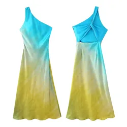 Elegant One-Shoulder Gradient Midi Dress - Summer Sleeveless Party Attire - S (As picture)