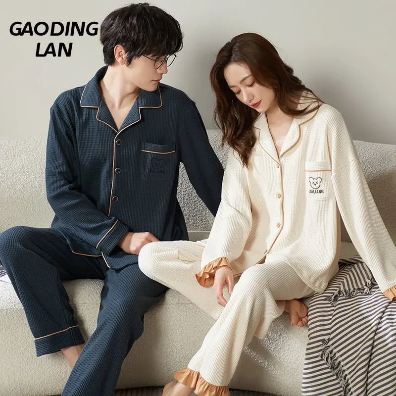 

Autumn Winter Men Long Sleeve Lapel Collar Pajamas Set Bear Embroidery Pure Cotton Sleepwear Suit Lovers Home Cardigan Pyjamas