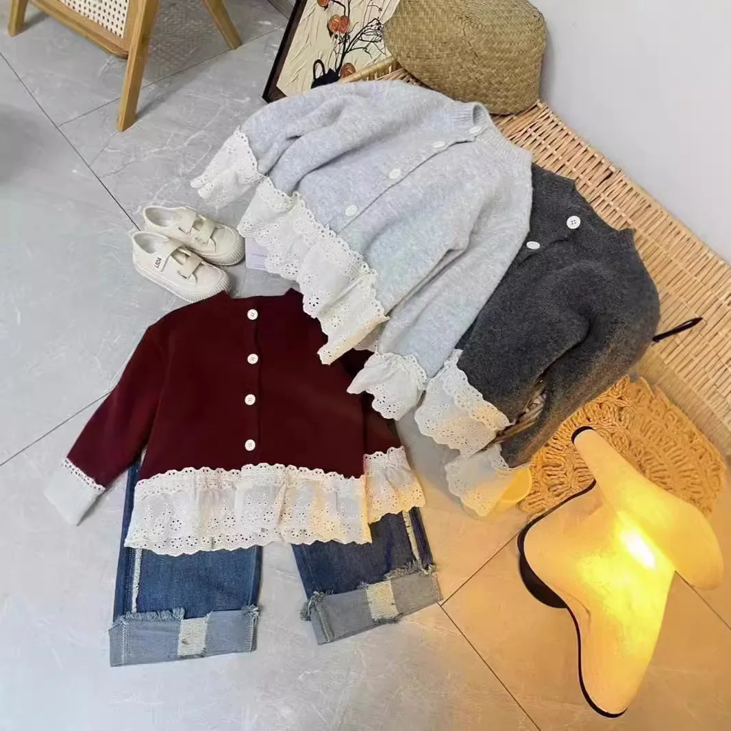 여아용 다용도 레이스 엣지 니트 가디건, 한국 에디션 스플라이싱 스웨터 코트, 2024 가을