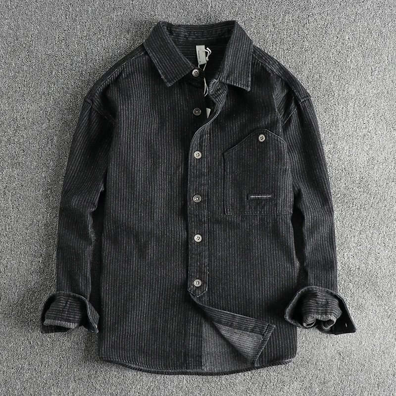 Denim Shirt Fashionable men's vintage washed pinstripe denim long-sleeved shirt spring and autumn American cargo casual denim shirt,long sleeved shirt