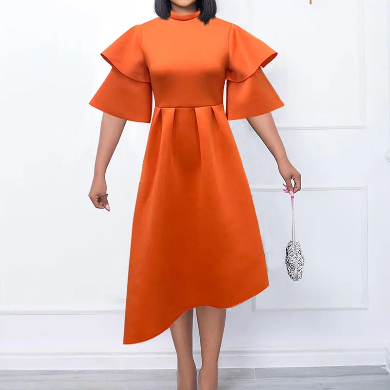 Women Plus Size Clothes Spring Office Lady Half Height Collar Double Layer Ruffle Short Sleeve Solid Zipper Mid Length Dresses