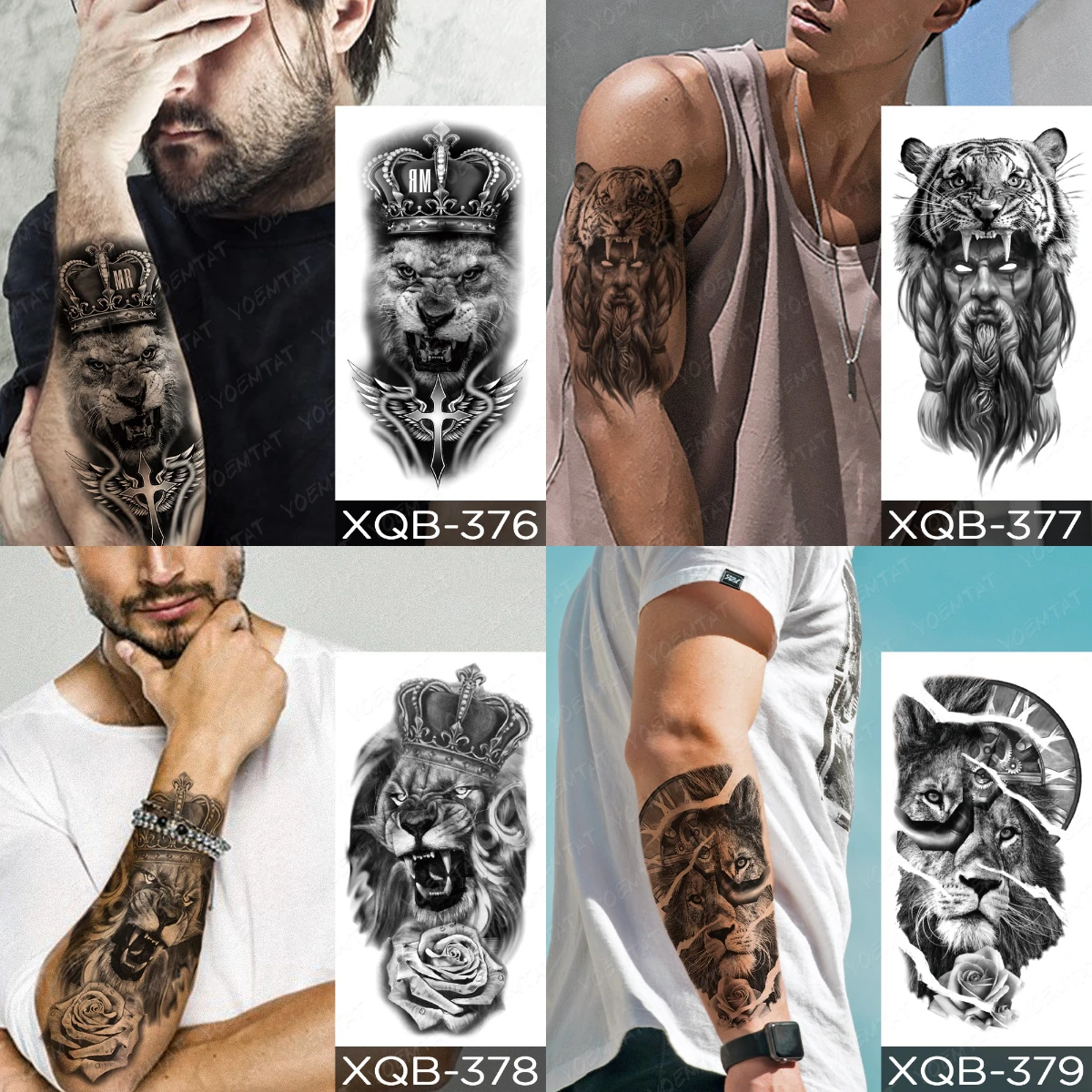 Waterproof Temporary Tattoo Sticker Crown Rose Flower Tiger Lion Warrior Cross Clock Body Art Arm Fake Tattoos Sleeve Women Men 3