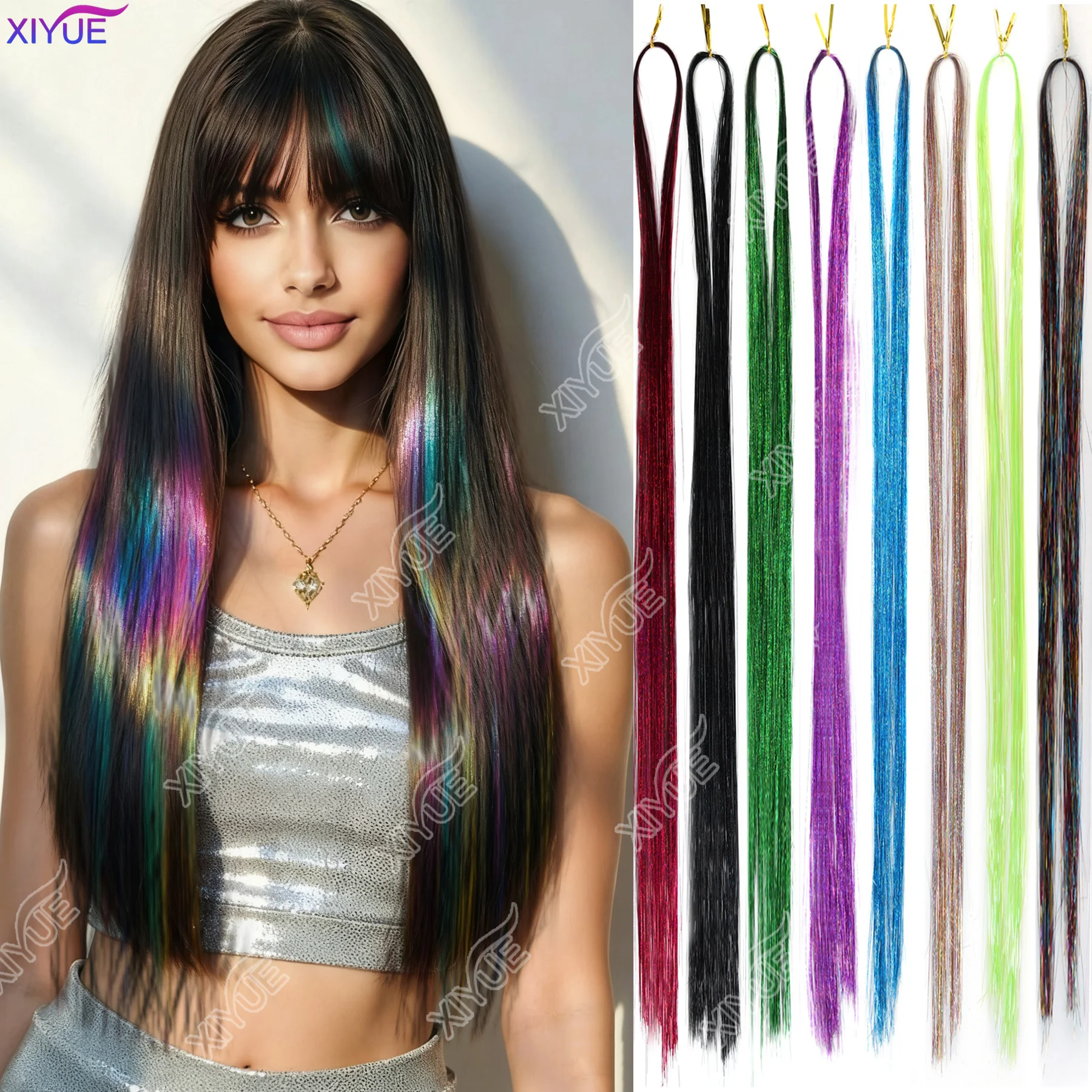 Sparkle Shiny Hair Tinsel Rainbow Strands Dazzles Women Hippie for Braiding Headdress False Hair Extensions Decor Glitter Strips