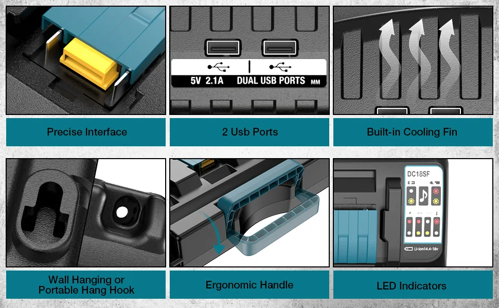 For Makita Battery Charger 4-Port Charger Station with 2 USB-A Ports Simultaneou