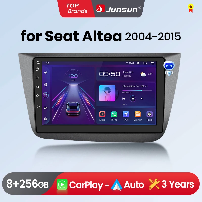 Radio de coche Junsun con CarPlay inalámbrico y Android Auto para Seat Altea 2004 2005-2015 Toledo 3, estéreo multimedia 2 DIN con ventilador de refrigeración integrado, navegación GPS, SWC, Bluetooth, FM, RDS, DSP, pantalla IPS, sistemas inteligentes para coche, 4G, WiFi 1