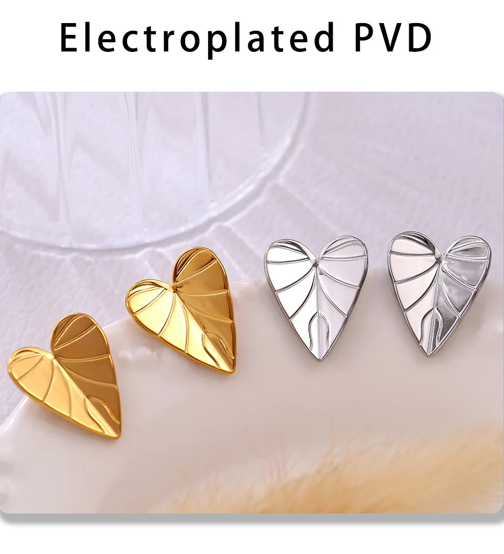 Kreative Liebesherz-Blatt-Textur-Ohrstecker aus 316L-Edelstahl für Damen, gold- und silberfarben, für den Alltag, modischer Ohrschmuck – Detail 8