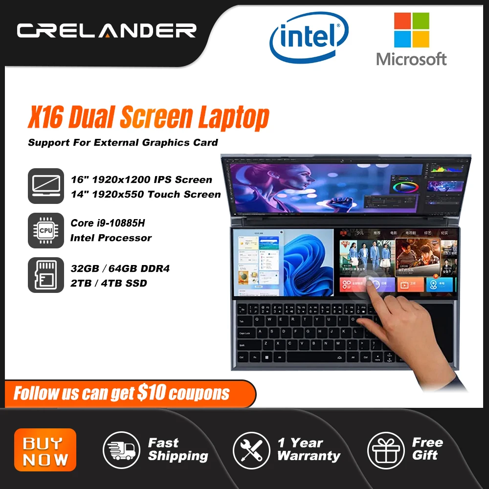 Notebook Laptop CRELANDER Dual Screen Laptop 16 Inch + 14 Inch Touch Screen Intel Core I9 Notebook 4TB SSD M2 Windows 11 Computer Gaming Laptops