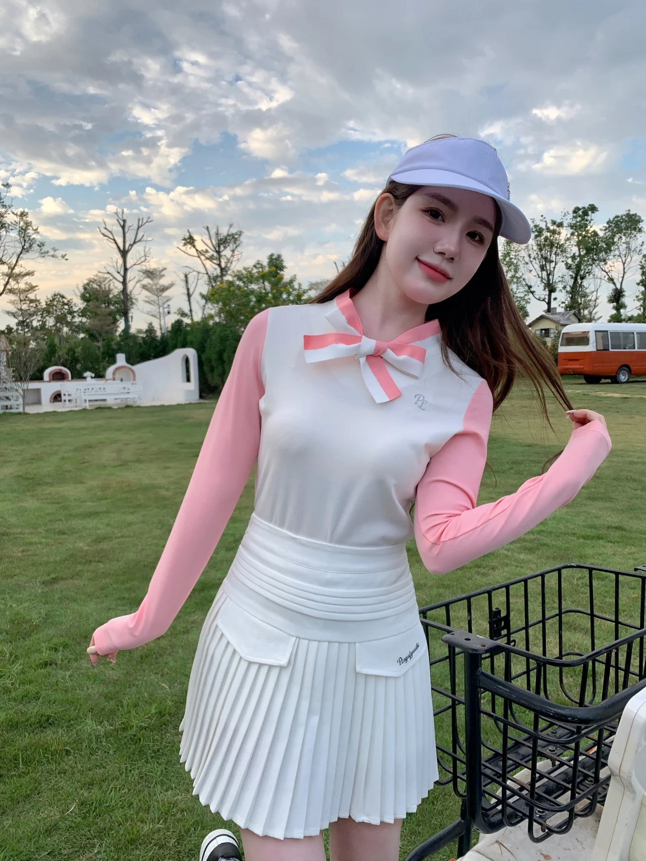 Spring Autumn Golf Clothing Women's Long Sleeved Shirt Bowknot Tie Sports Top Tennis Pleated Skirt Ladies Top Skort Suit