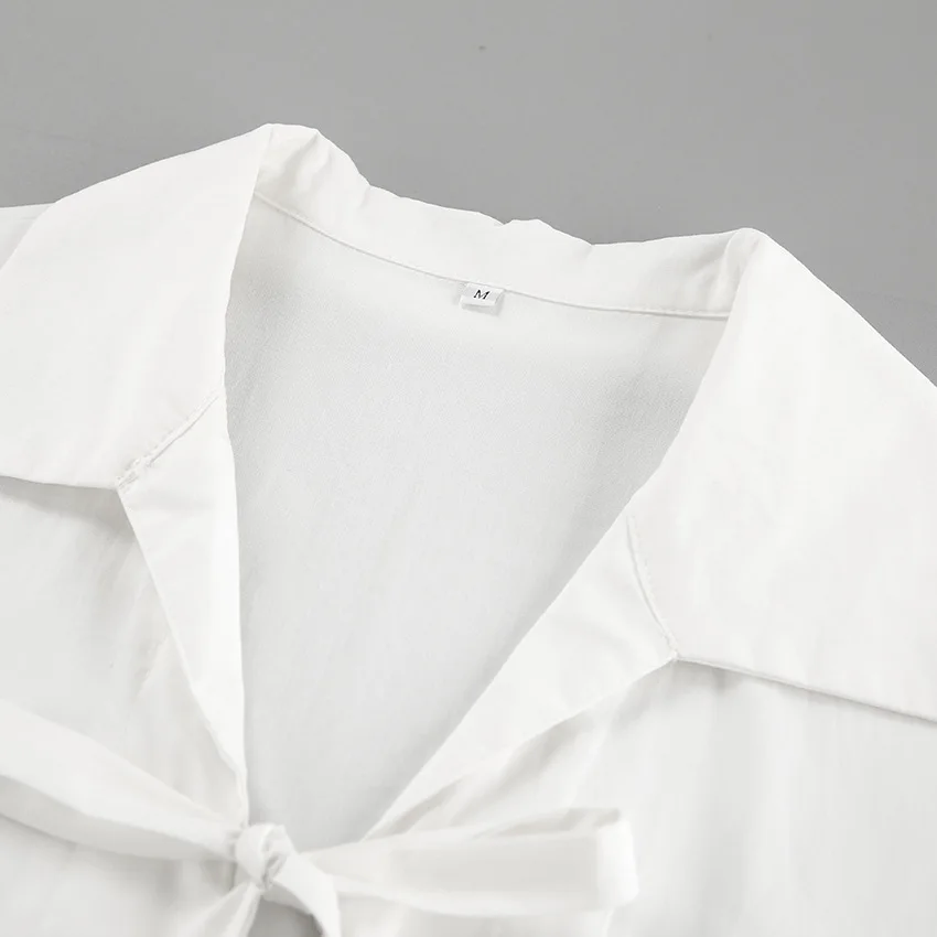 Blusa de gasa con cordones y aberturas para mujer, blusa de manga larga con solapa y parches, estilo vendaje, ropa de abrigo blanca para mujer