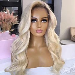 Wavy Platinum Blonde Ombre Body Wave Synthetic Hair Lace Front Wigs for White Women Glueless High Temperature Fiber Cosplay Wigs