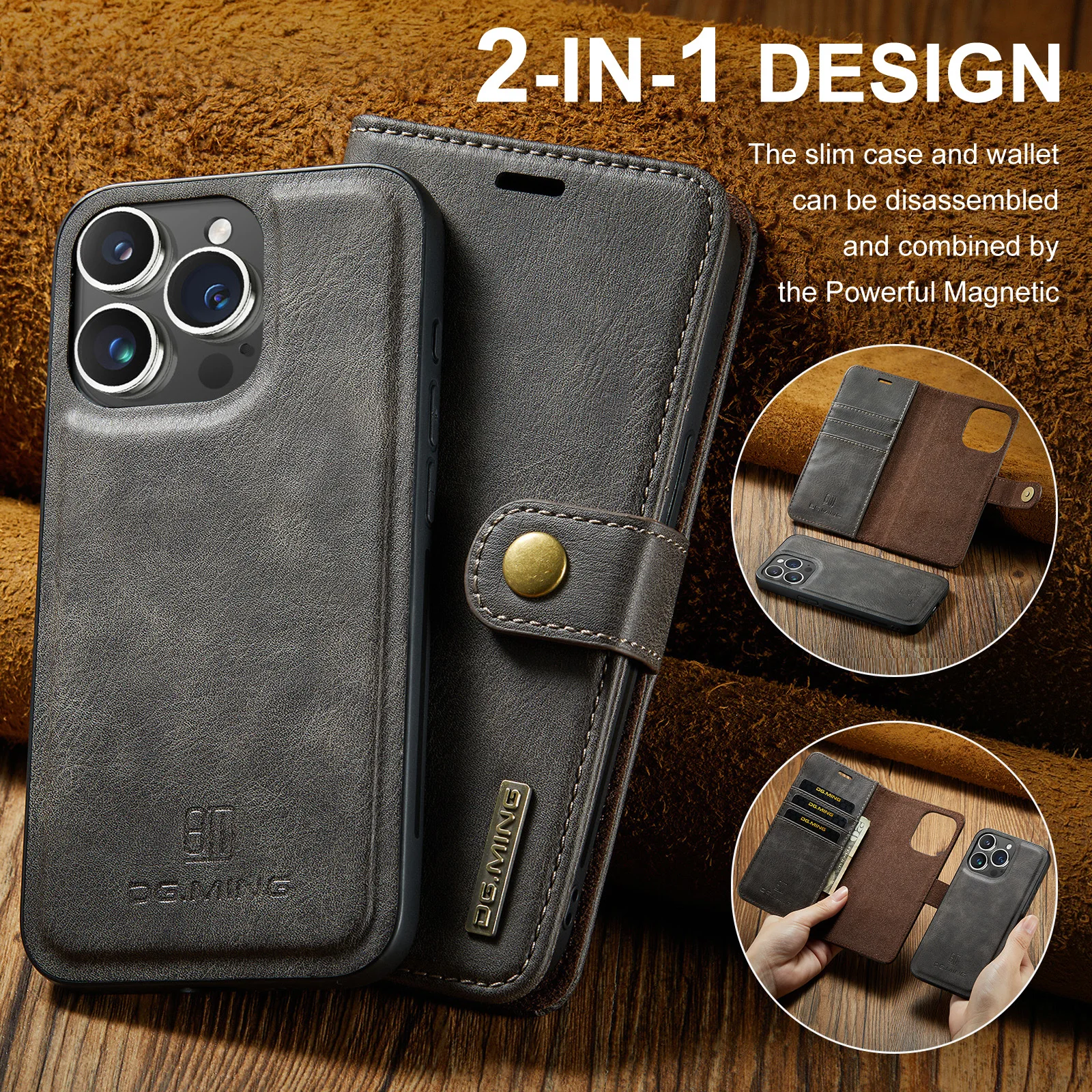 DG.Ming Luxury 2-Folding Detachable Magnetic Leather Wallet Case For iPhone 15 14 13 12 11 Pro Max Flip Cover for XS MAX 7 8 SE2