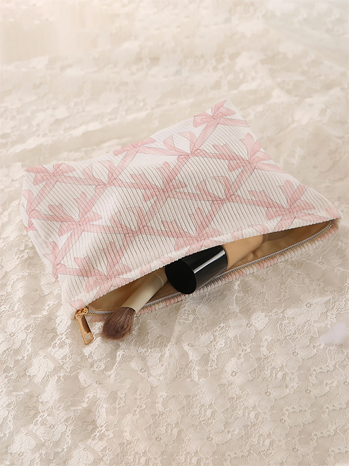 1 corduroy makeup bag with bow pattern, light zipper makeup storage box, multifunctional bag with lining