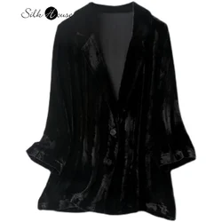 2022 primavera nova seda veludo pequeno terno casaco feminino sete manga temperamento amoreira botão de seda preto moda feminina topo