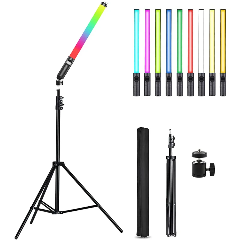 RGB 핸드 헬드 플래시 스피드 라이트 사진 조명 삼각대 스탠드가있는 Led 비디오 라이트 스틱 지팡이 파티 다채로운 채우기 램프