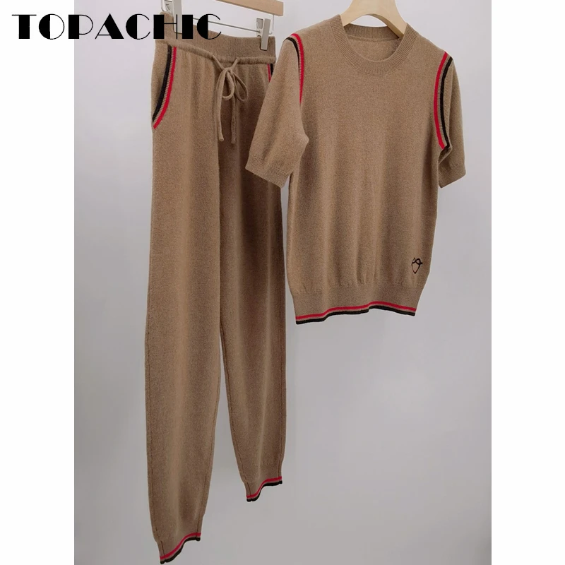 

Женский удобный комплект TOPACHIC 11,26, трикотажный кашемировый пуловер в полоску с круглым вырезом и вышивкой в форме сердца, трикотажная одежда или спортивные брюки
