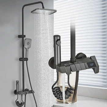 Rozin Set di rubinetti per doccia con display digitale intelligente nero Sistema da bagno a pioggia in stile pianoforte Miscelatore digitale grigio Doccia per bidet 1