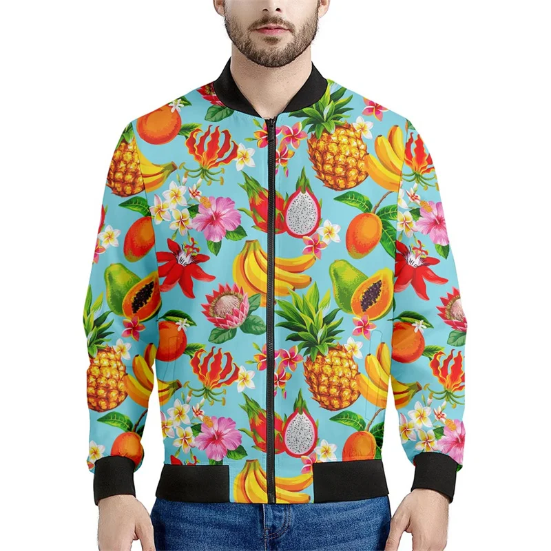 thumbnail image 1 of Nueva chaqueta con cremallera y estampado 3D de flores hawaianas para hombre, sudaderas estilo bombardero con estampado de plantas tropicales, abrigos de manga larga de gran tamaño, 1 of 5