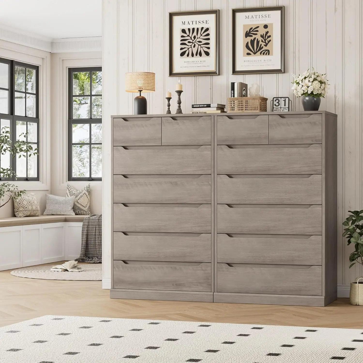 51" Tall 7 Drawers Dresser, Modern Grey Dresser, Wood Dressers & Chests of Drawers with Cut-Out Handles, Upright Drawer Chest