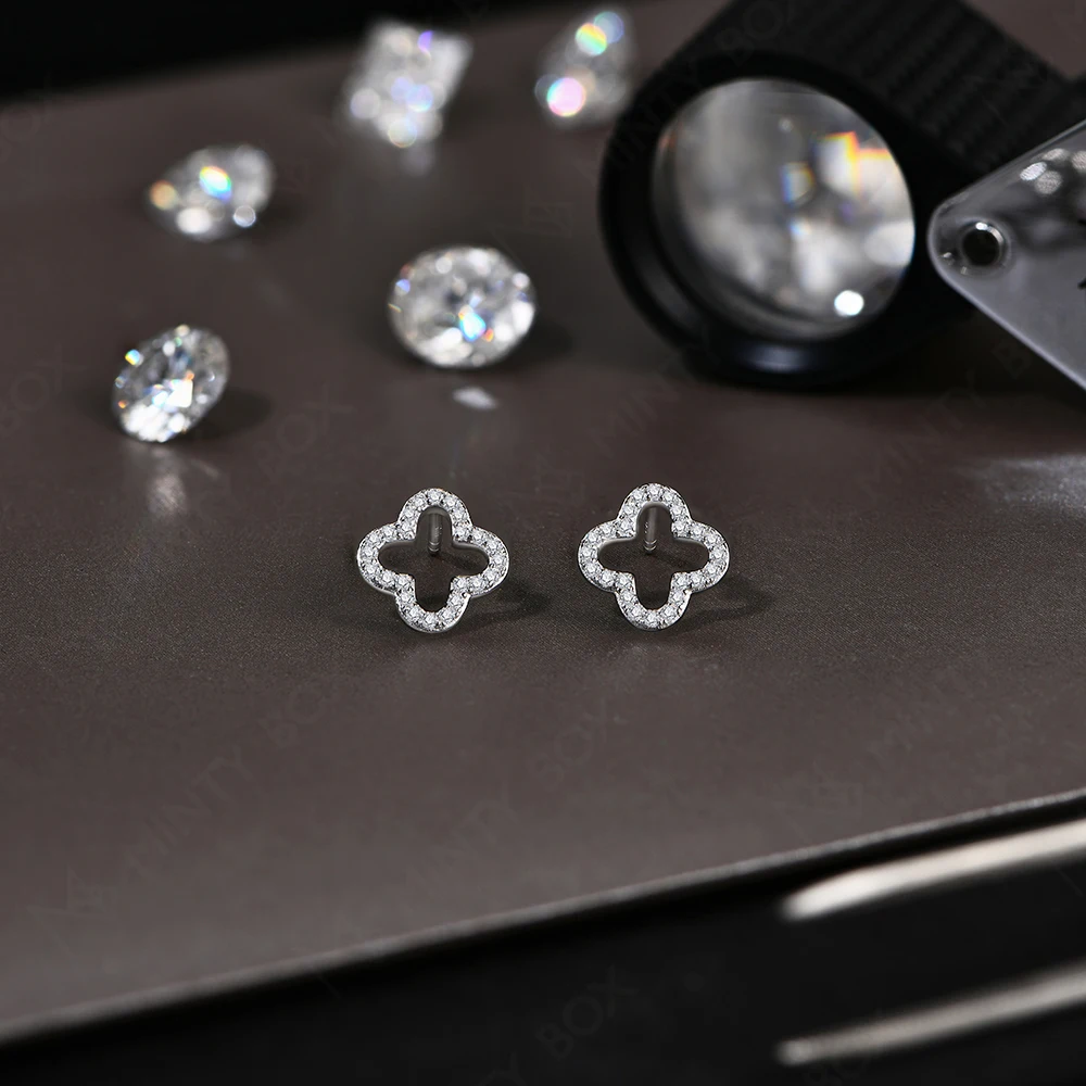 S925 Sterling Silver Moissanite Diamond Stud Earrings for Women Clover 18k White Gold Plated Flower Wedding Fine Jewelr