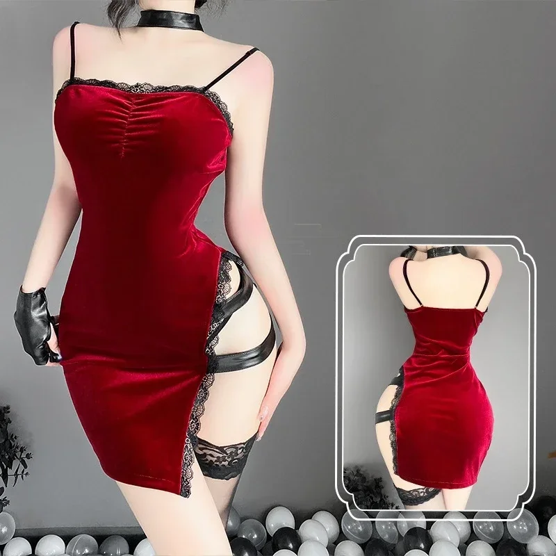 

Velvet Slip Dress Sweet Spice Sexy Bag Hip Slit Modified Cheongsam Uniform Chic Red New Year Women's Fun Lingerie Sexy Sling