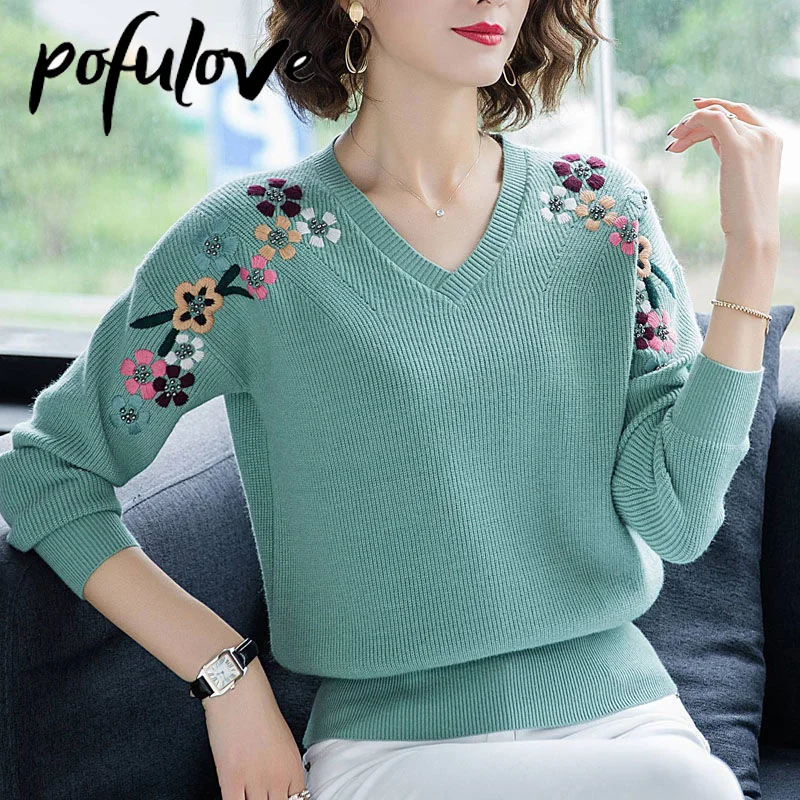 

Flower Sweater Women Pullover Loose Tops Femme Korean Fashion Short Embroidered Knitwear Basic Sweater Jumper Autumn Winter