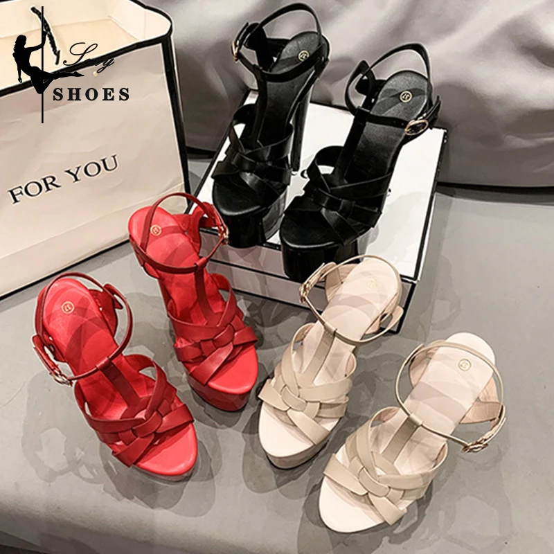 Women's Summer Leather Sandals Large Size Pole Dance Shoes Stripper Show Super High Heels 8Inch Platform Party Club Wedding Shoe