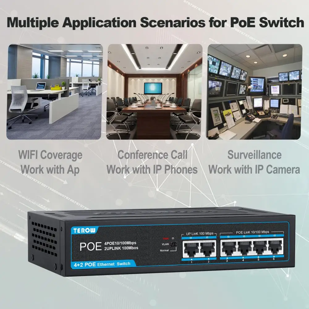 TEROW POE Switch 4 POE+2 UpLink 100Mbps Fast Ethernet Network 250M VLAN Isolation Series Power Connect for IP camera/Wireless AP