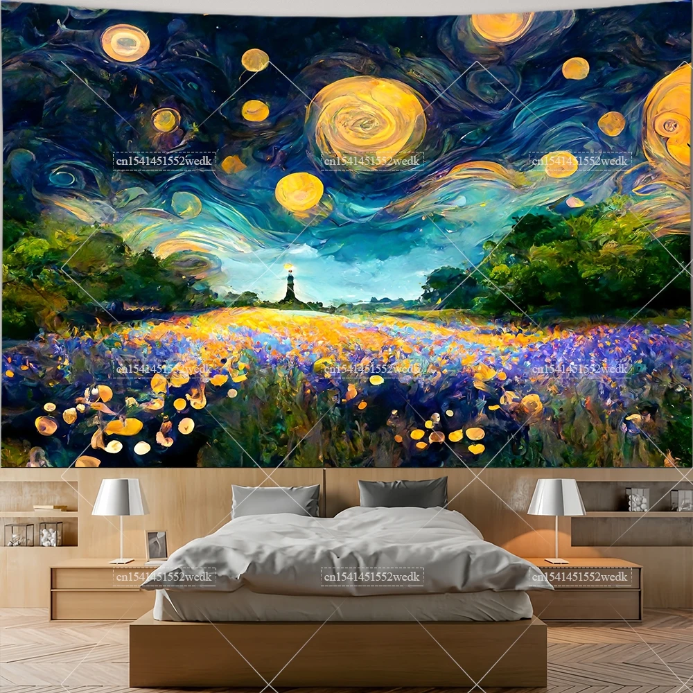 Vincent Van Gogh Sternennacht Malerei Wandteppich Berge Fluss Landschaft Wandteppich Ästhetische Raumdekoration Poster Wandteppiche – Detail 4