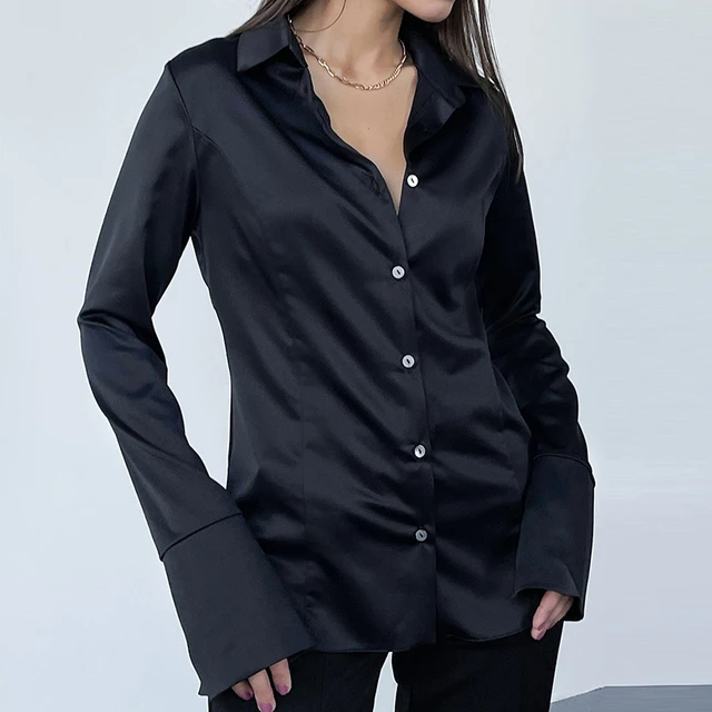 lobo Santuario vida Camisa de seda satinada con botones para mujer, blusa Vintage de manga  larga negra para oficina, moda de otoño, alta calidad _ - AliExpress Mobile