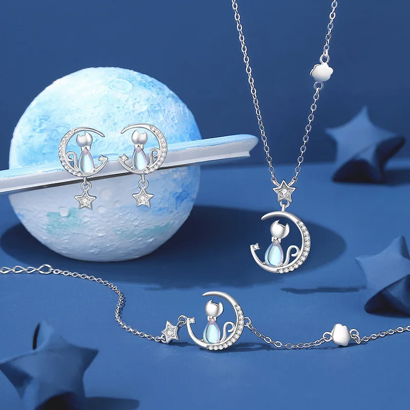 European Sparkling S925 Sterling silver Pave Cat Moon Pendant Necklace Earrings Bracelet For Women - PeticaDeals