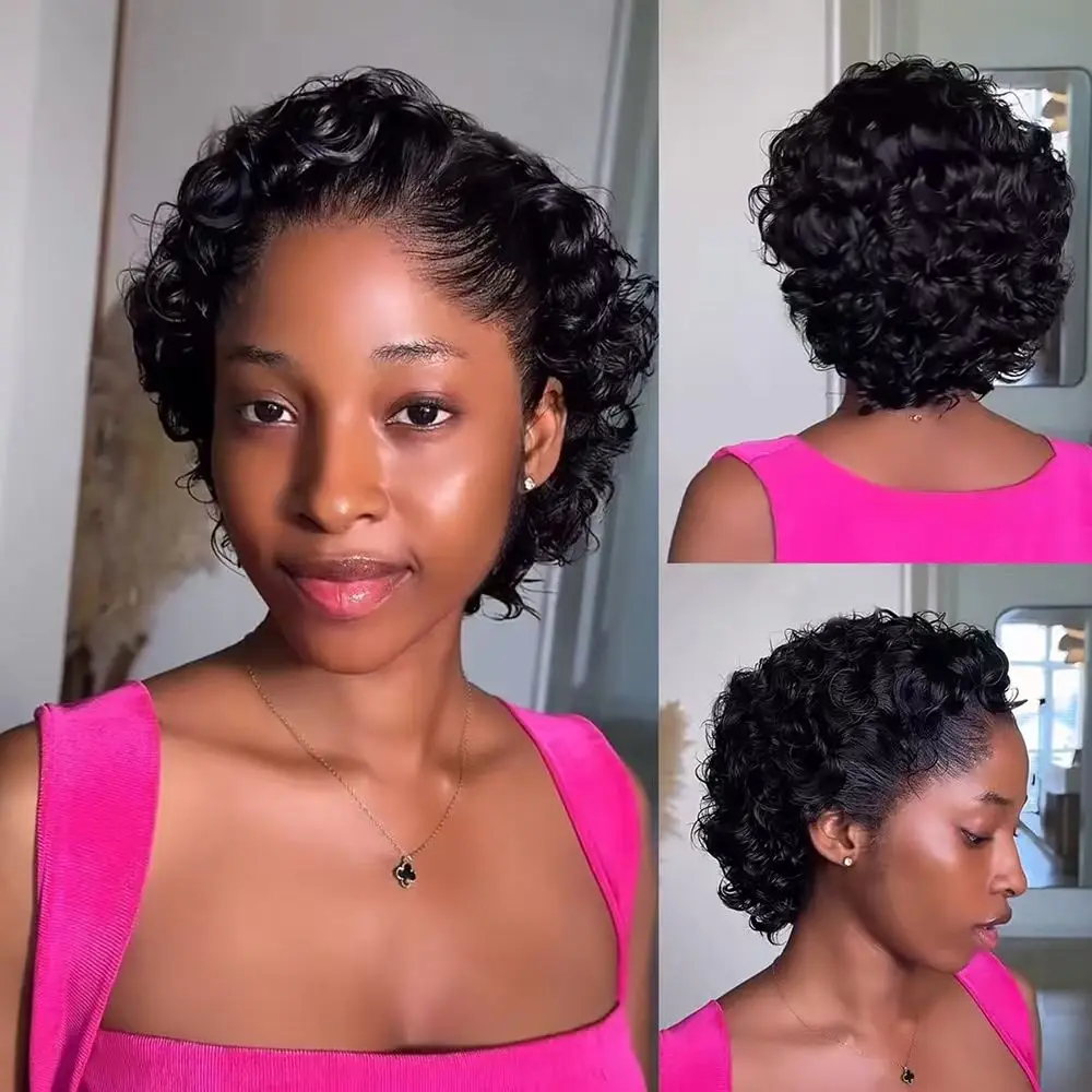 Parrucche in Capelli Umani Birmani per Donne di Colore, Parrucche Afro Ricce Pixie Bob Corte con Attaccatura Pre-Rifinita, Parrucche Bob con Onde d'Acqua e Frontale in Pizzo 13X1 - immagine 3