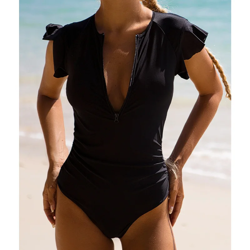 

2023 New Women Push Up Swimwear Ladies Black Solid Color Cutout Beach Bathing Suit One Piece Zipper Sexy Deep V-neck Swimsuit