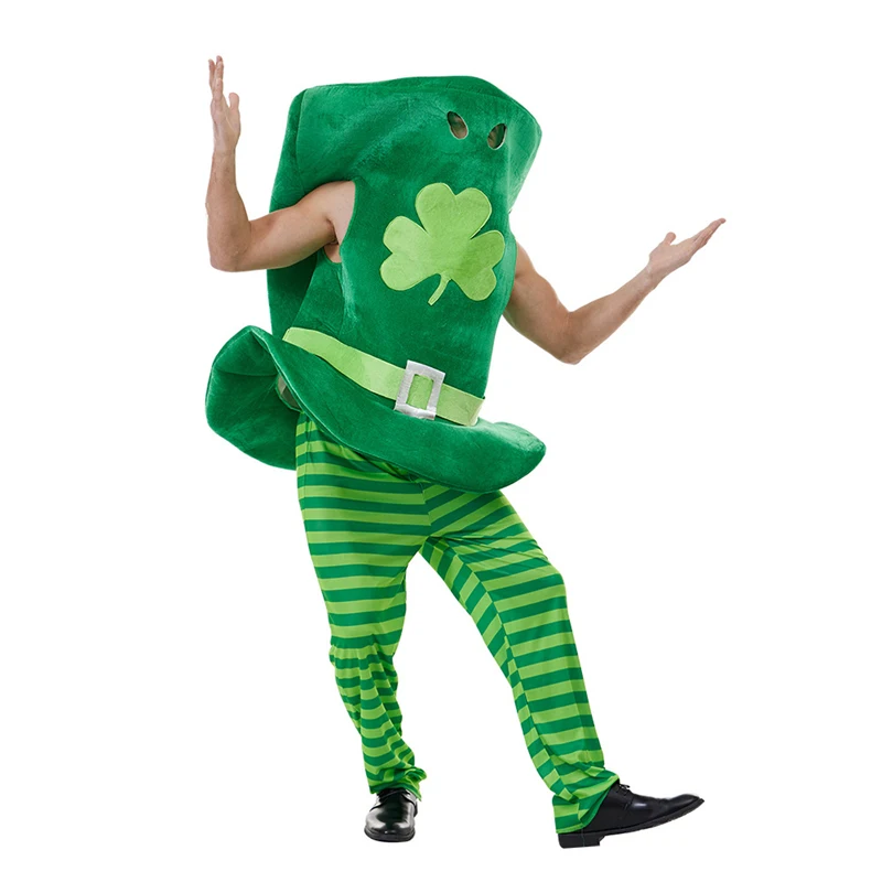 Green St Patrick s Day Costume Set with Leprechaun Hat Sleeveless Top and Striped Print Pants for Cosplay