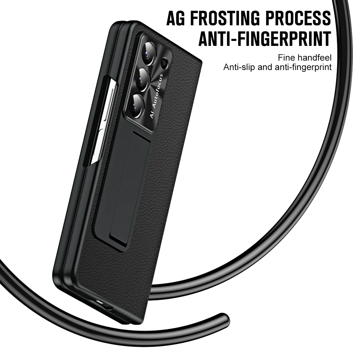 Lychee Textured Leather Bracket Phone Case For Samsung Galaxy Z Fold5 Solid Color Shell Film Integrated Folding Protective Cover