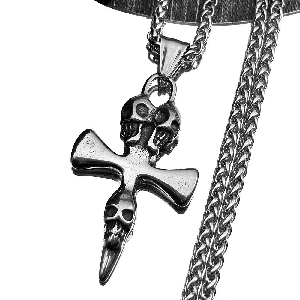 Modische Totenkopf-Kreuzkette für Damen und Herren, Edelstahl, schwarz, Dark-Punk, Heavy-Metal-Anhänger, Halskette, Schmuck, Geschenke