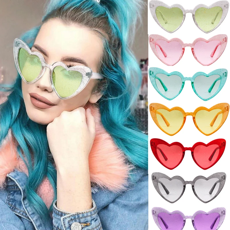 

2022 Trending Cat Eye Sunglasses Big Heart Popular Heart Sharp Women Fashion Glitter Pink Glasses High Quality Shades for Female
