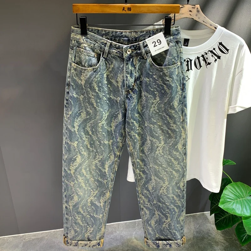 Hip Hop Trend Jacquard Printed Jeans Men's Fashion Loose Cool Straight Korean Street Pu Handsome Wide Leg Y2K Retro Pants