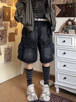 American street oversized washed vintage multi pocket women workwear denim shorts high waisted straight leg pants - Image 2