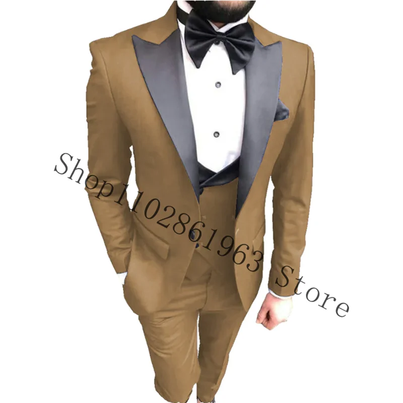 3 Pieces Black Mens Suits Slim Fit Peak Lapel Tuxedos For Wedding Formal Groom Wear Blazer+vest+Pants Costume Homme Mariage