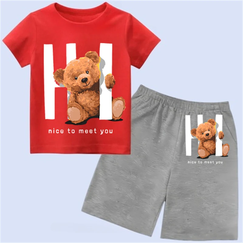 thumbnail image 1 of Conjunto de algodón con estampado de marca para niños, camiseta de dibujos animados, pantalones cortos, conjunto de verano para bebés, conjunto de manga corta para niños y niñas, 1 of 4