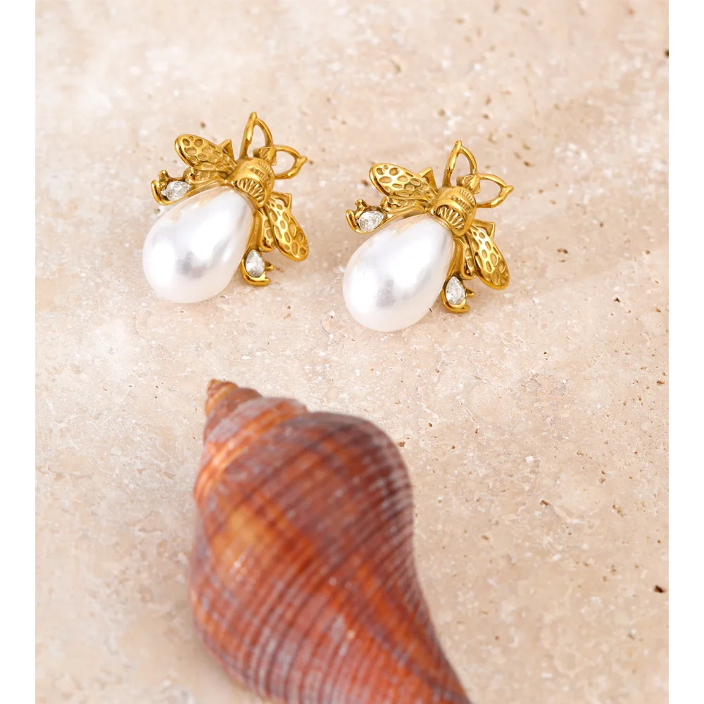 Yhpup Simulated Pearls Zircon Bee Stud Earrings Golden Stainless Steel