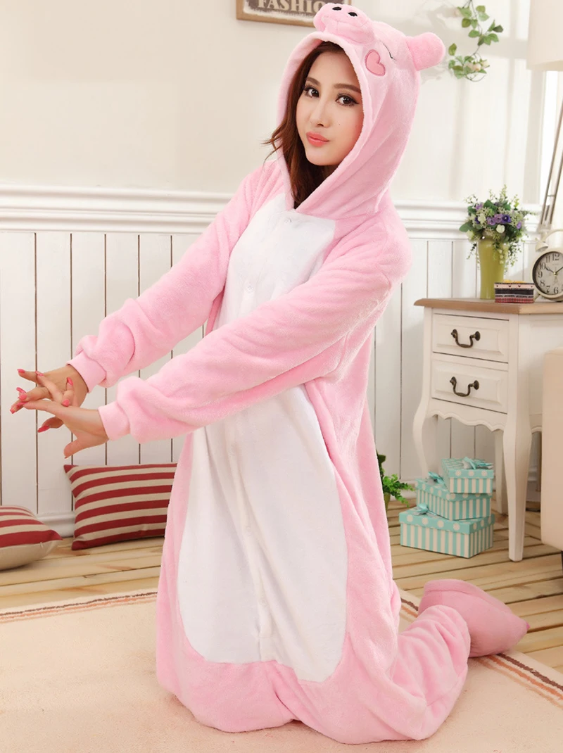 Unisex Adult Pink Pig Pyjamas Halloween Costume One Piece Animal Cosplay Onesie 