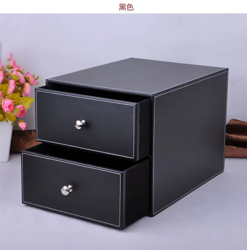 double layer double drawer wood structure leather desk filing cabinet storage box office organizer document container brown 214B
