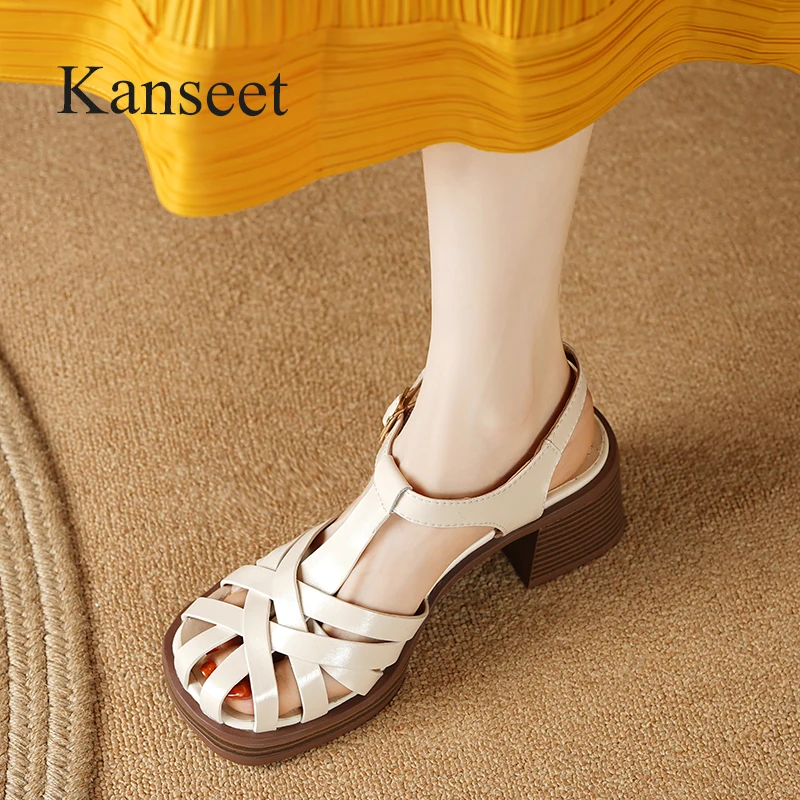 

Kanseet Platform Sandals 2023 Summer Casual Ladies Rome Sandal Genuine LeatherHandmade Buckle Strap High Heel Women's Shoes New