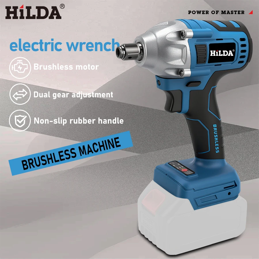 HILDA AB416 Electric Impact Wrench 18V Blue Brushless/Brushed Rechargeable 1/2 Socket Wrench Cordless Hand Drill for Makita Battery