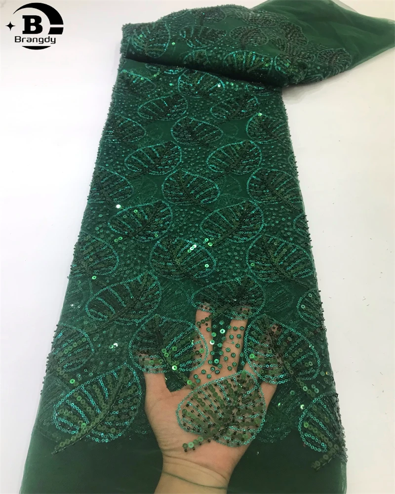 

Африканские тюлевые сетчатые блестки Brangdy, французские блестящие сетчатые бусины, кружевная ткань, свадебное платье, высокое качество, 5 ярдов, 2024