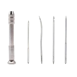 Premium Leather Crafting Needle Set - Includes Silver Awl & 4 Heavy-Duty Needles for Leather, Canvas, and Tent Sewing (Awl with 4 Needles)