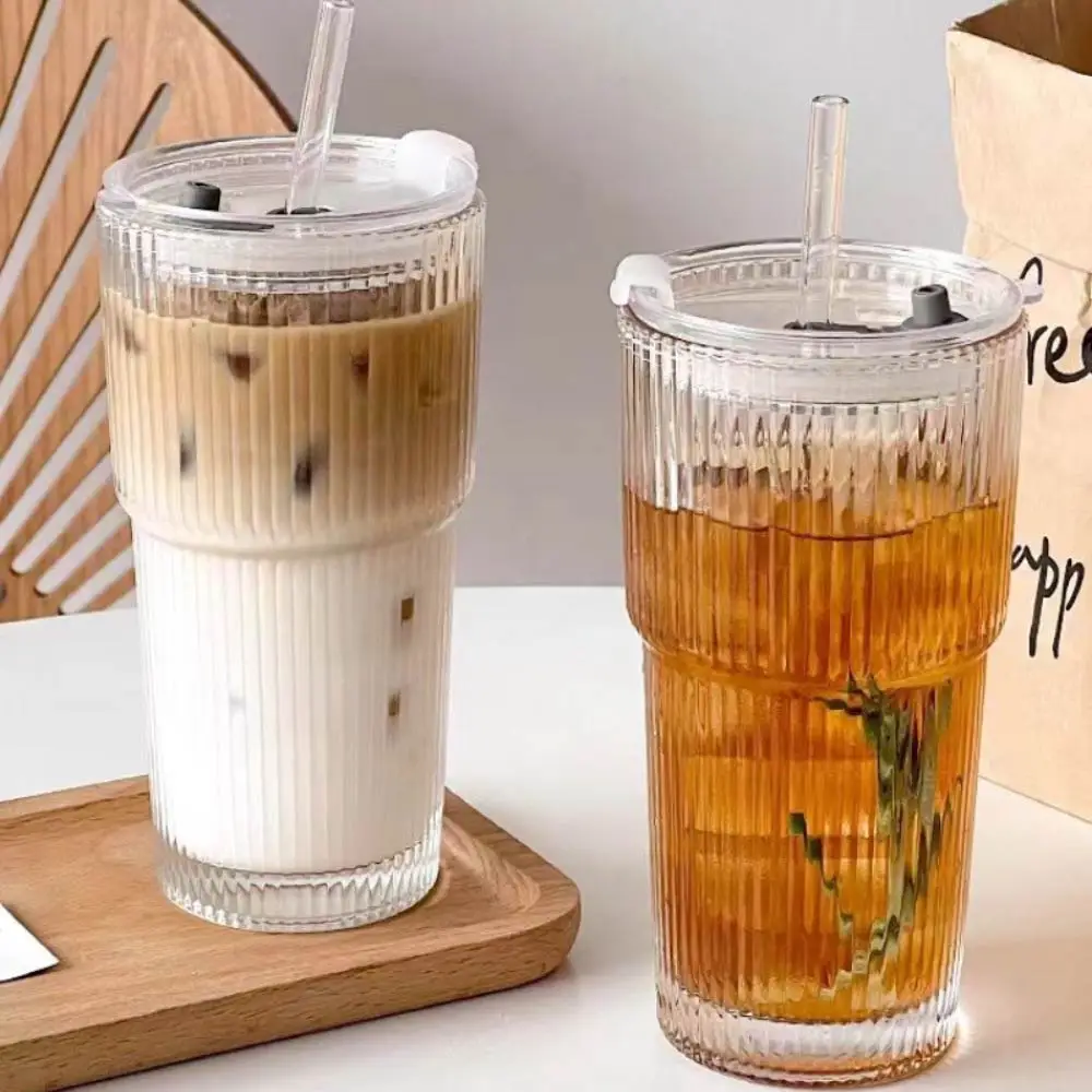 Heat Resistant Coffee Glass Cup Heat Resistant Glass Cup Glass Water Cup Mason Jars Coffee Mug Glass Cup 600ml Vertical Striped Glass Coffee Mug with Lid and Straw
