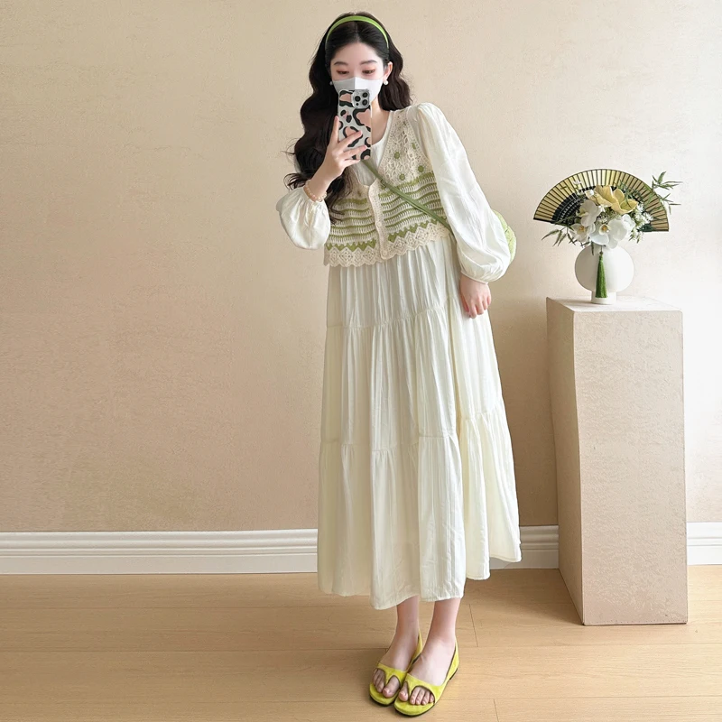 Korean Style Pregnant Woman Dress Suits Fashion Striped Vest Long Sleeve Ball Gown Dress Twinset Plus Size Maternity Clothes Set