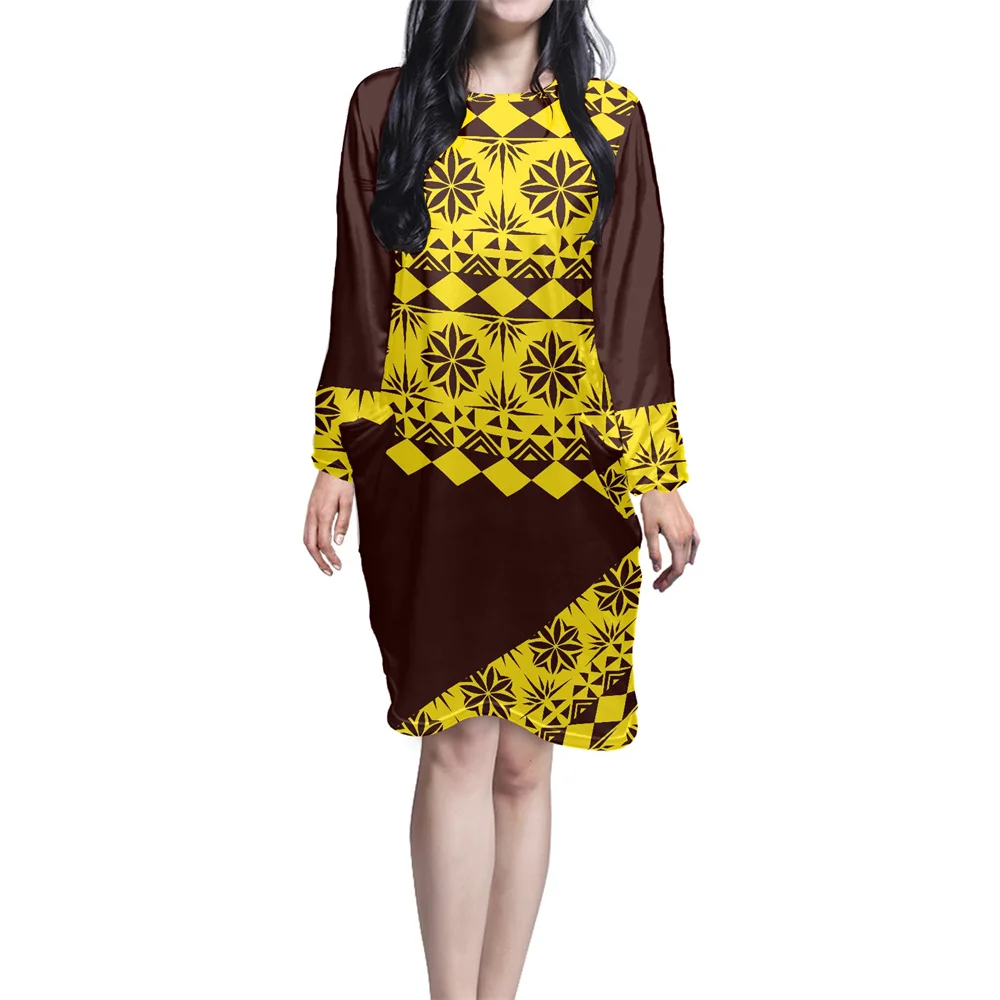 

Holiday Leisure Dress Loose Sleeping Dress Polynesian Tribal Clothing Yellow Flowers Print Custom O Neck Dresses with Pockets